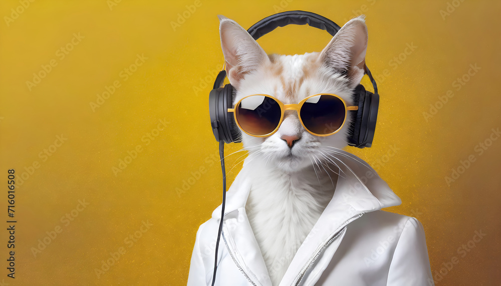 Cat in sunglass shade glasses and headphones on yellow background, commercial, advertisement, surrealism. Creative animal humanization concept.