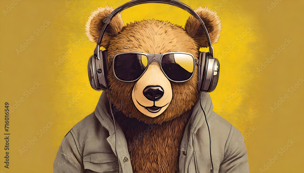 Bear in sunglass shade glasses and headphones on yellow background, commercial, advertisement, surrealism. Creative animal humanization concept. Generative AI Bear in sunglass shade glasses and headphones on yellow background, commercial, advertisement, surrealism. Creative animal humanization concept. Generative AI
