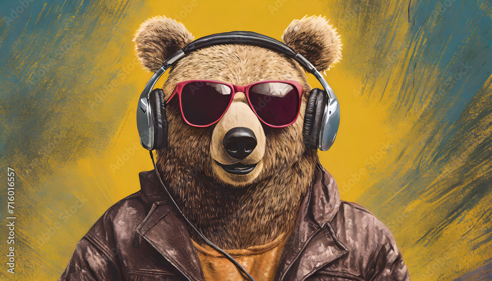 Bear in sunglass shade glasses and headphones on yellow background, commercial, advertisement, surrealism. Creative animal humanization concept. 