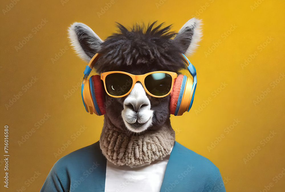 Lama in sunglass shade glasses and headphones on yellow background, commercial, advertisement, surrealism. Creative animal concept. 