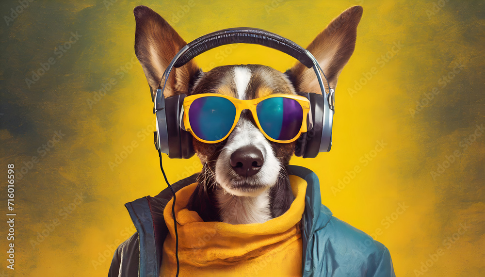 Dog in sunglass shade glasses and headphones on yellow background, commercial, advertisement, surrealism. Creative animal concept. Generative AI Dog in sunglass shade glasses and headphones on yellow background, commercial, advertisement, surrealism. Creative animal concept. Generative AI