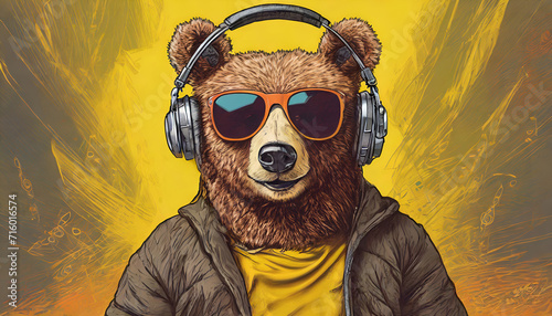Bear in sunglass shade glasses and headphones on yellow background, commercial, advertisement, surrealism. Creative animal concept. 