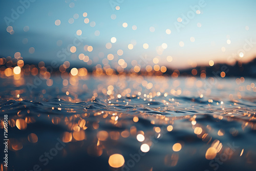 The splash of sea water against a background of golden bokeh. Generated by artificial intelligence