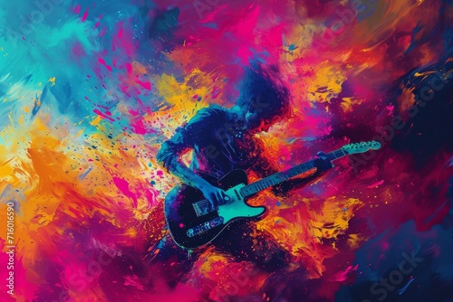 A vibrant explosion of abstract colors bursts from the strings of a guitar, captured in a modern painting using art paint and acrylics