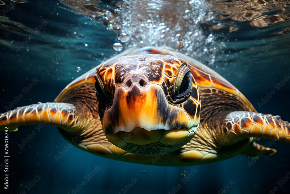 Fototapeta premium Green sea turtle swimming underwater in the deep blue sea. Underwater world.