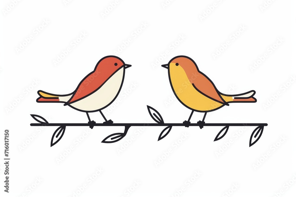 Two feathered friends perched upon a branch, captured in a whimsical drawing, evoking a sense of natural beauty and simplicity Two feathered friends perched upon a branch, captured in a whimsical drawing, evoking a sense of natural beauty and simplicity