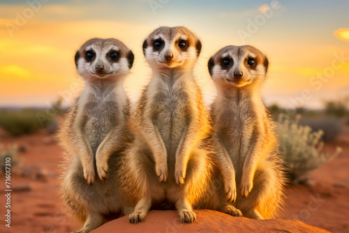 Three meerkats at sunset in the desert of Namibia.