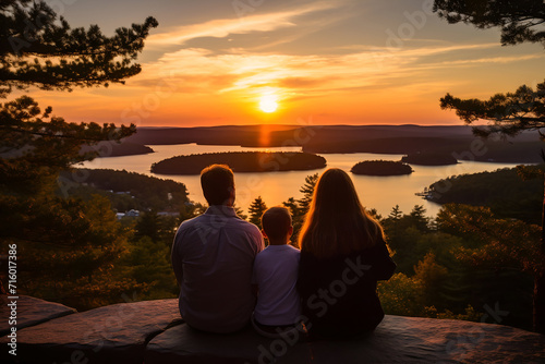 Family sitting on the edge of a cliff overlooking the lake at sunset