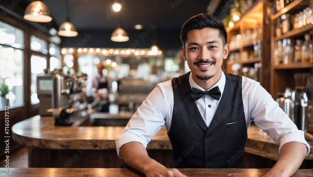 Fototapeta premium A waiter working in a cafe bar with blurred bokeh background