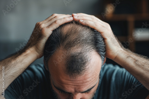 Mann mit Haarausfall ist besorgt photo