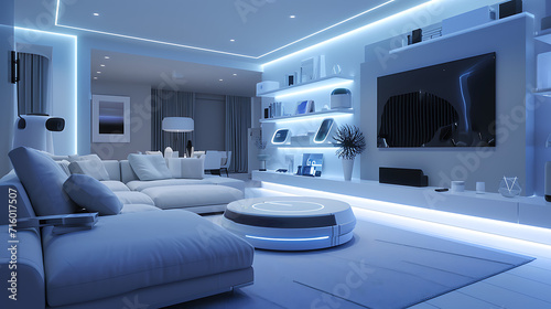 Uma sala de estar moderna repleta de tecnologia futurista; um design minimalista e elegante com linhas limpas e uma paleta de cores neutras define o cenário photo