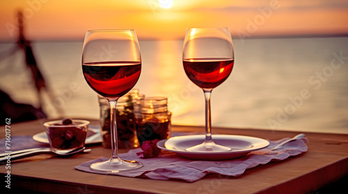 2 Glasses of Wine on a Wooden Table and Grapes. Romantic Party at Sunset by the Ocean. Atmosphere of Love and Nostalgic Memories