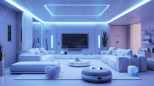 Uma sala de estar moderna repleta de tecnologia futurista; um design minimalista e elegante com linhas limpas e uma paleta de cores neutras define o cenário photo