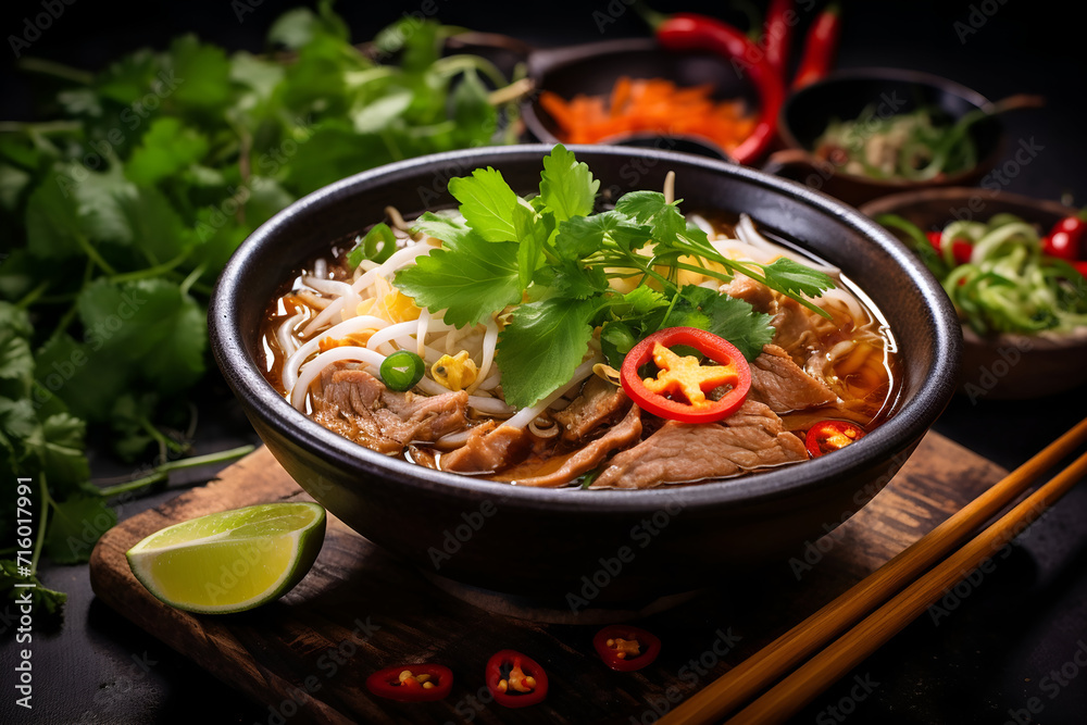 Vietnamese noodle soup with beef and vegetables on black background