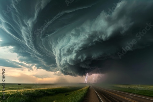 A menacing tornado looms over a desolate road, as dark clouds gather in the stormy sky, illuminating the grass with flashes of lightning and deafening thunder