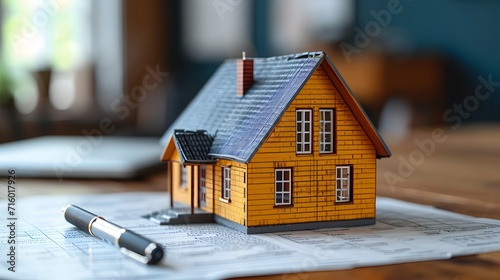 house and keys on blueprint, a house model sitting on top of a piece of paper on a table next to a pen and a laptop