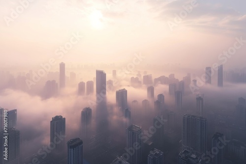 Amidst the hazy mist, towering buildings create a breathtaking metropolis skyline, as the morning sun casts a warm glow upon the urban landscape