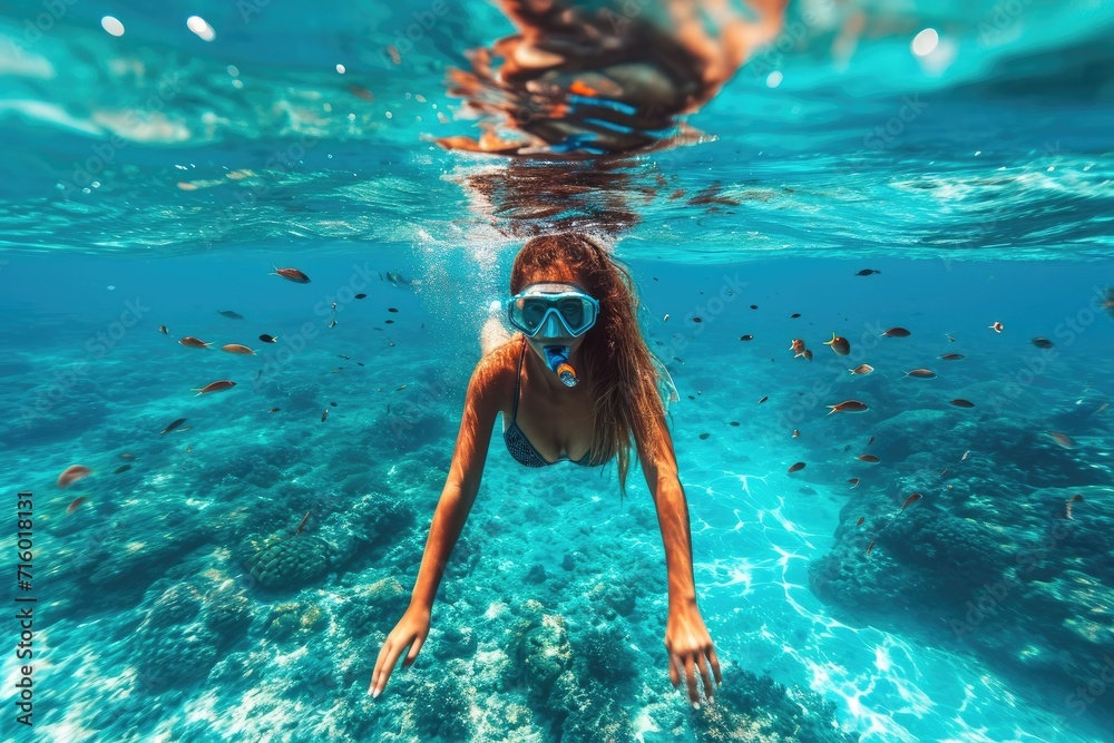 A daring diver gracefully glides through the crystal clear water, surrounded by colorful fish, as she embraces the freedom and exhilaration of underwater exploration in her sleek swimsuit and essenti