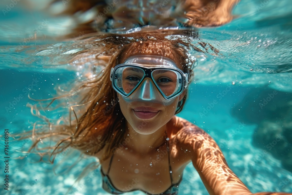 Naklejka premium A determined woman gracefully swims underwater in a pool, her face obscured by goggles, as she embraces the freedom and tranquility of the aqua world