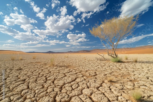 Amidst the barren landscape of a desert plain, a lone tree stands tall, its roots digging deep into the cracked and parched ground as the clouds above paint a stunning backdrop against the harsh aeol