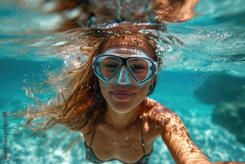 A determined woman gracefully swims underwater in a pool, her face obscured by goggles, as she embraces the freedom and tranquility of the aqua world