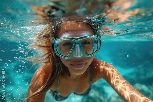 A determined woman dives into the pool, her goggles reflecting the vibrant aqua water as she gracefully swims, embodying the spirit of adventure and freedom