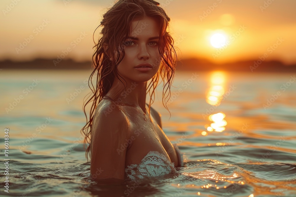 A girl in a flowing garment stands in the calm waters, her face turned towards the setting sun as she embraces the beauty of nature at the beach