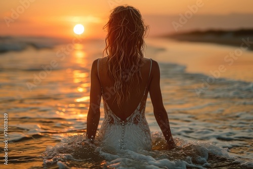 A mesmerizing moment captured as a woman gracefully stands in the ocean, enveloped by the warm glow of the setting sun, wearing a stunning white dress that mirrors the clouds in the sky