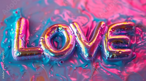 Holo Slime Love concept creative horizontal art poster. Photorealistic textured word Love on artistic background. Horizontal Illustration. Ai Generated Romance and Passion Symbol.