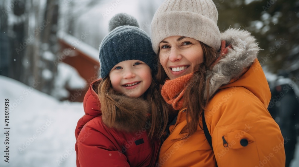 A joyful mother and daughter embrace in winter clothes, enjoying the outdoors together. Generative AI. A joyful mother and daughter embrace in winter clothes, enjoying the outdoors together. Generative AI.