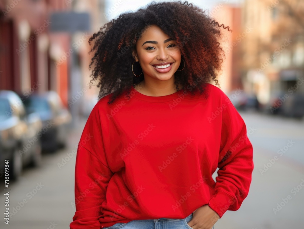 A woman with curly hair wearing a red sweatshirt. Generative AI.