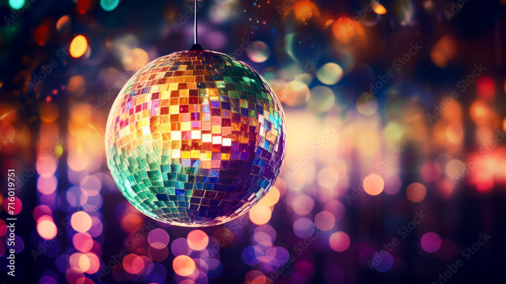 Colorful bright disco ball, unreal trippy rave party Colorful bright disco ball, unreal trippy rave party