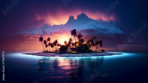 Obraz na płótnie Tropical island at night, bioluminescence in clear blue sea, whole island is see
