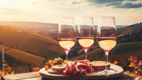Three glasses of pink wine, summer picnic in vineyards