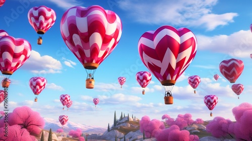 Heart-shaped hot air balloons ascending against a pastel-colored sky -Generative Ai