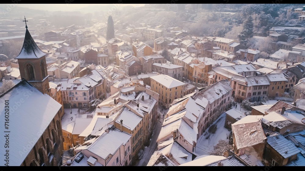 Obraz premium Snow on the European city roofs. Generative AI