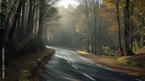 Road in the fog in the forest. Generative AI