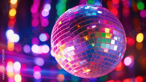 Colorful disco ball, blurred disco lights in background