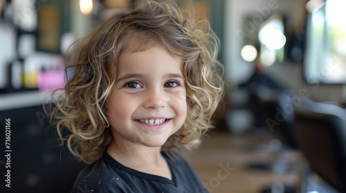 happy smiling child sitting in a chair at the hairdresser, haircut, hairstyle, style, girl, boy, kid, toddler, fashion, beauty salon, barbershop, hair, portrait, face, emotional