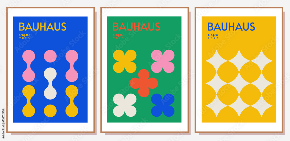 Naklejka premium Bauhaus inspired posters set. Minimal modern abstract art prints. Retro backgrounds with basic geometric figures.