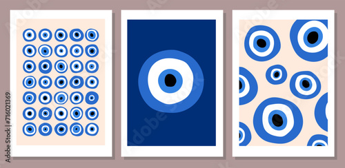 Abstract retro aesthetic backgrounds set with Turkish Evil Eye. Nazar Boncuk vintage posters collection. Modern trendy wall art prints. Spiritual esoteric art.