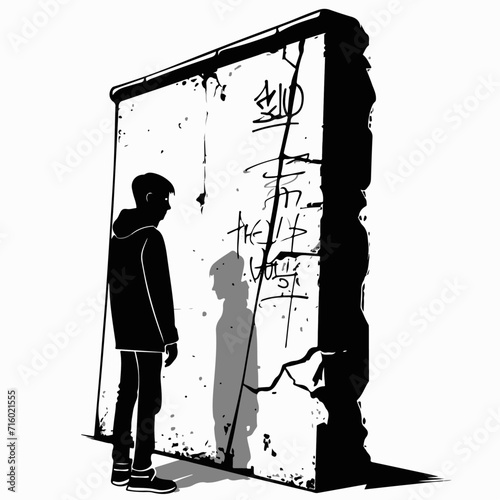 Contemplative Youth Standing Before a Graffiti-Covered Wall - A Conceptual Art Illustration for Urban Life and Reflection