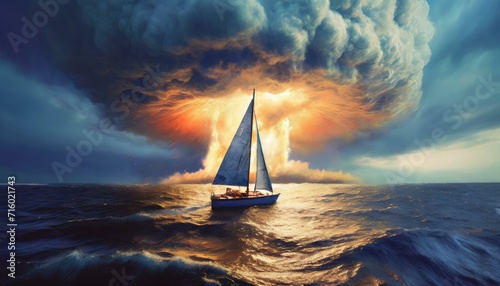Little small yacht boat sailing in the ocean with huge explosion of apocalyptic event in the background