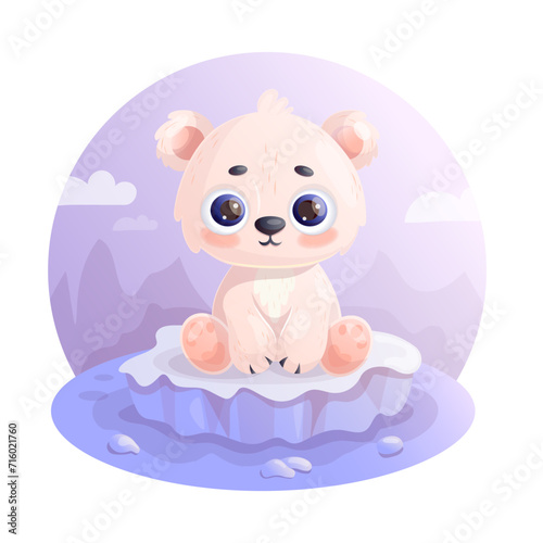 Cute little polar white bear on ice floe. Vector illustration in cartoon style. Kids collection. Holiday Polar Bear Day.