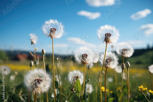 Beautiful meadow field with fresh grass and yellow and white dandelion flowers in nature against a blurry blue sky with clouds. Spring natural landscape