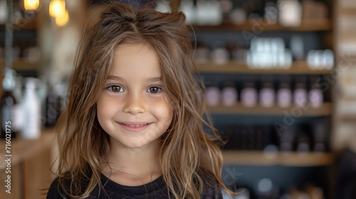 happy smiling child sitting in a chair at the hairdresser, haircut, hairstyle, style, girl, boy, kid, toddler, fashion, beauty salon, barbershop, hair, portrait, face, emotional