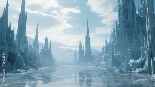 Icy spires rising from a glacier-covered ridge, framed by a cloud-streaked sky in the crisp, clear light of day -Generative Ai