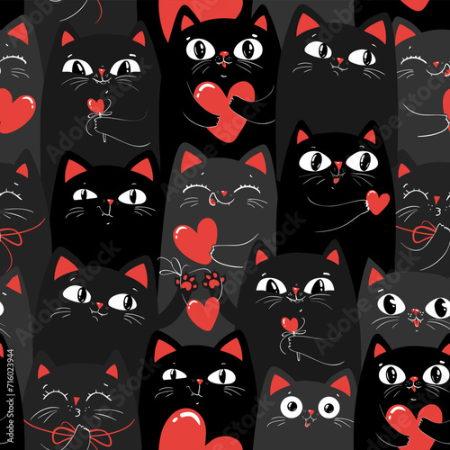 Black and grey Cats with hearts. Happy Valentines day, love you. Cartoon hand drawn seamless pattern.