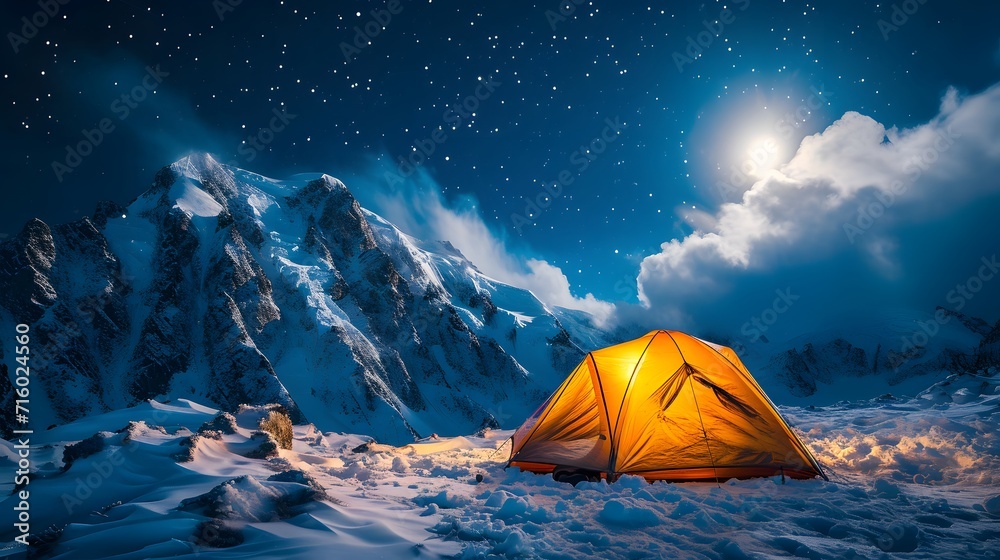 camping in the mountains, 
a tent pitched up on a snowy mountain at night with a full moon in the sky above it and a mountain range in the background
