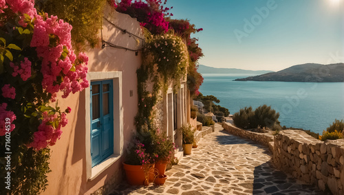 Beautiful street Greece summer day, sea holiday
